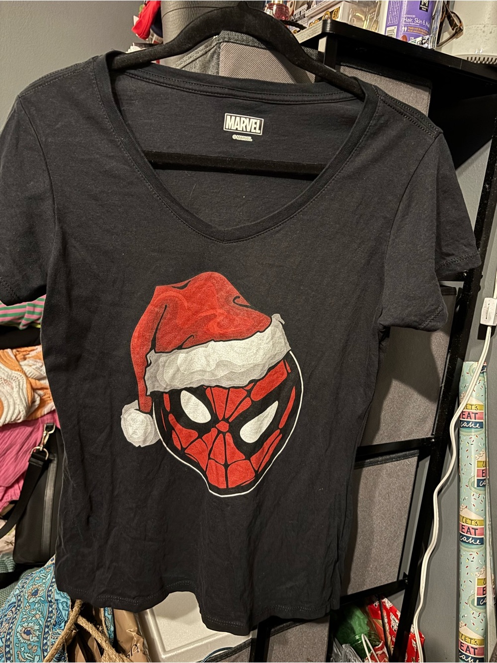 Marvel Women’s Black Spider-Man Santa Graphic V-Neck Tee Small
